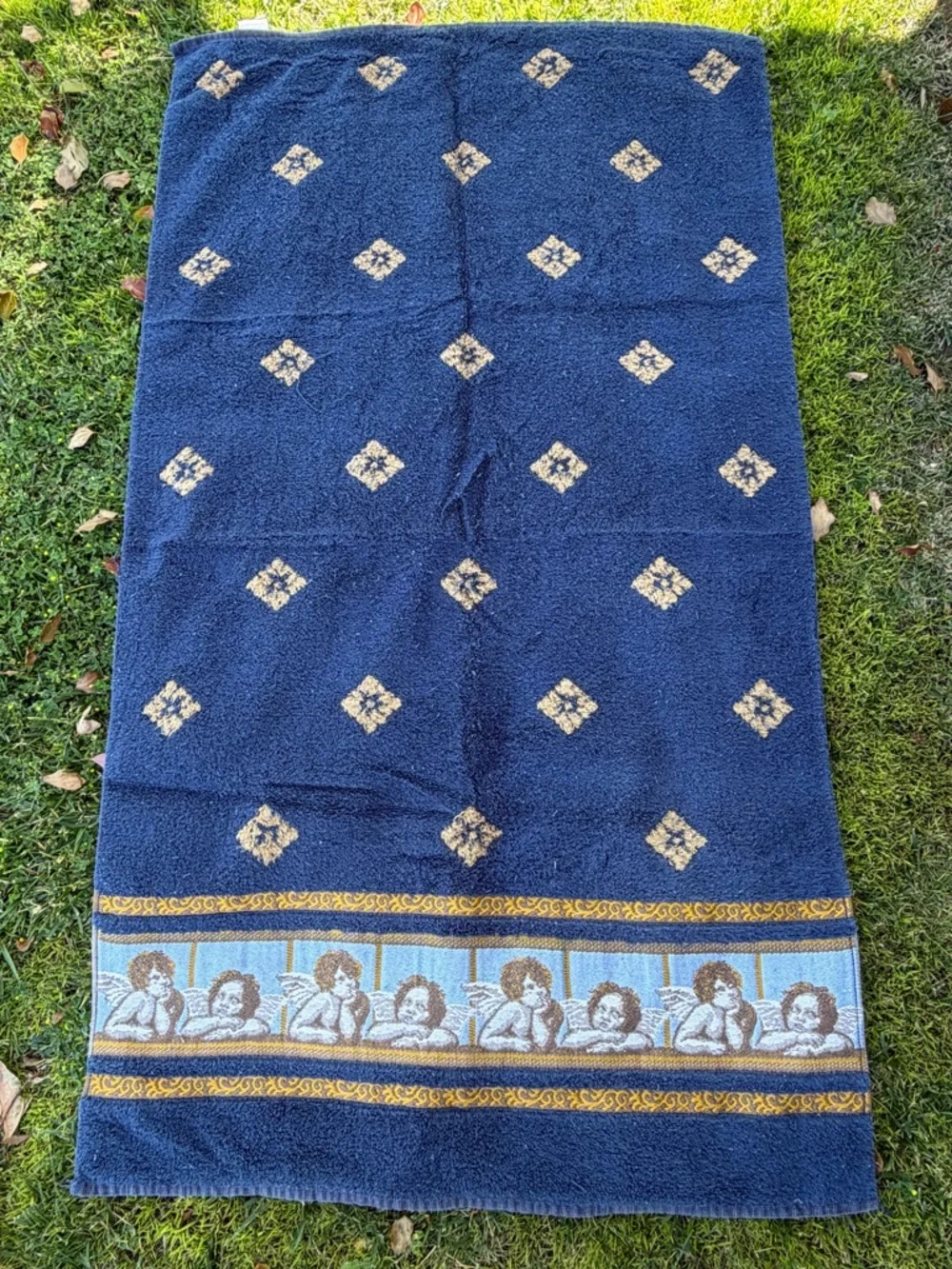 VTG Celestial Sun Moon Stars Cherub Angel Bath Towel Set Damaged Cutter READ